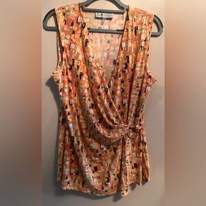 Kasper Colorful Geometric Print Blouse with Attached Buckle, Size L, 28" Long